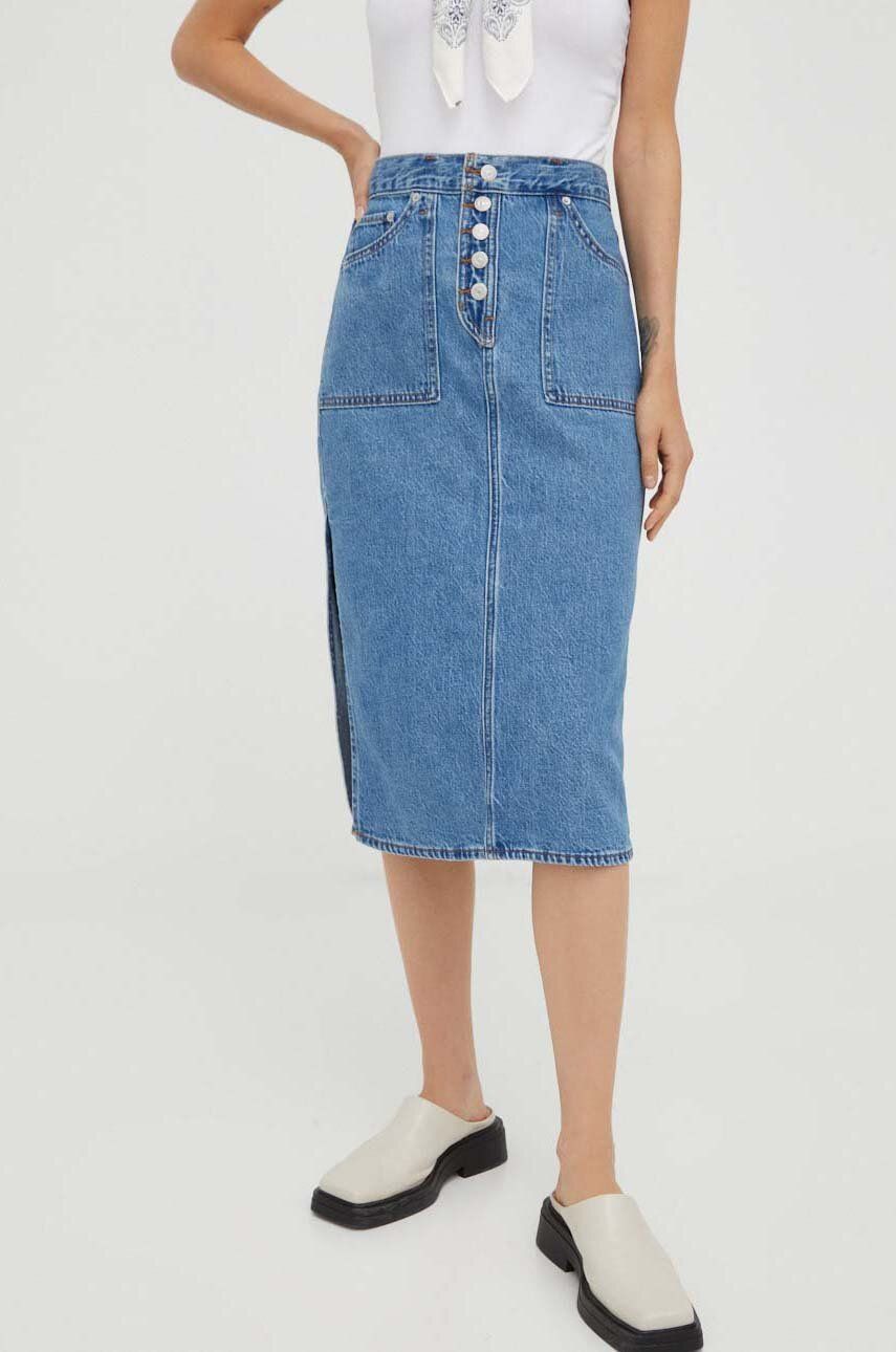 Levi's fusta cu doua fete culoarea albastru marin, midi, drept Levi's fusta cu doua fete culoarea albastru marin, midi, drept