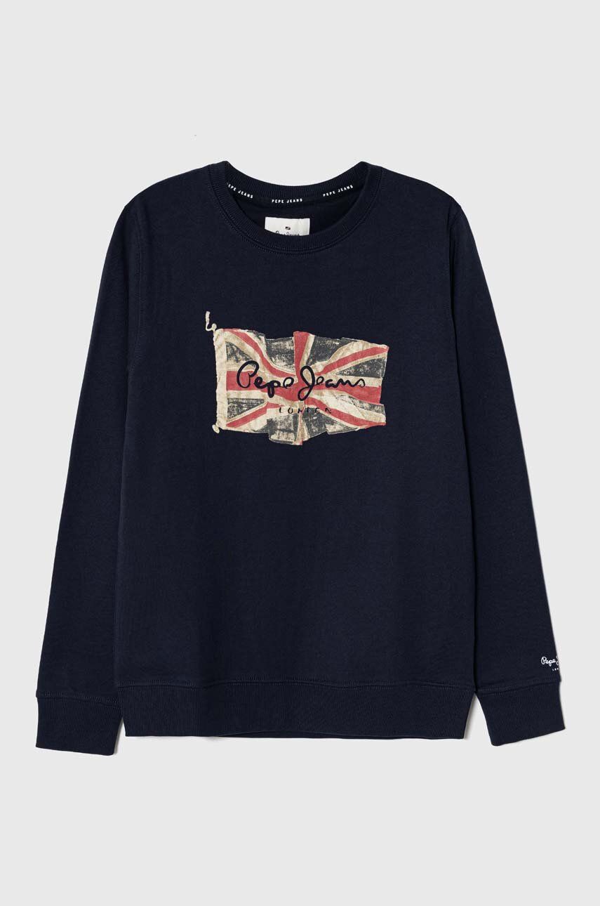 Pepe Jeans hanorac de bumbac pentru copii culoarea albastru marin, cu imprimeu Pepe Jeans hanorac de bumbac pentru copii culoarea albastru marin, cu imprimeu