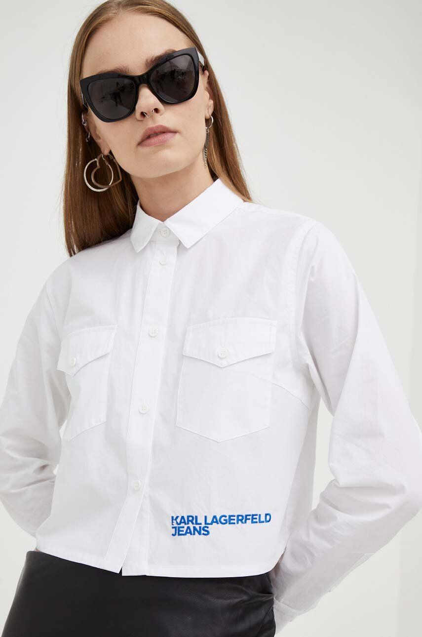 Karl Lagerfeld Jeans camasa din bumbac femei, culoarea alb, cu guler clasic, regular Karl Lagerfeld Jeans camasa din bumbac femei, culoarea alb, cu guler clasic, regular
