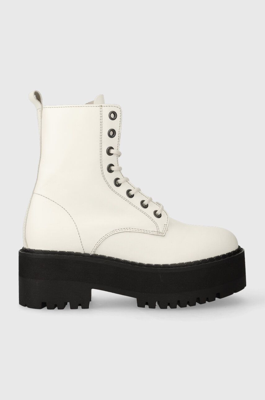 Tommy Jeans bocanci de piele TJW BOOT ZIP UP femei, culoarea alb, cu toc plat, EN0EN02305 Tommy Jeans bocanci de piele TJW BOOT ZIP UP femei, culoarea alb, cu toc plat, EN0EN02305