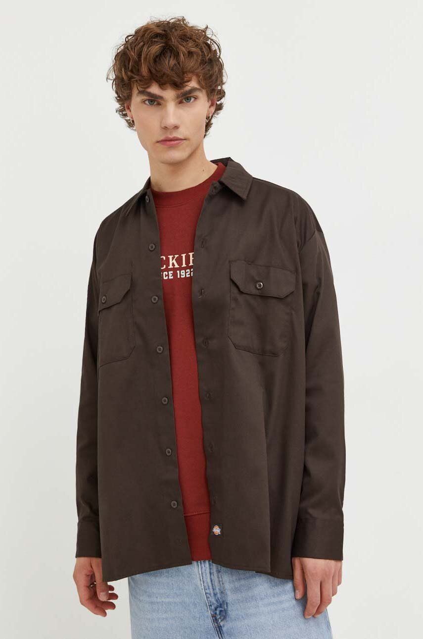 Dickies camasa barbati, culoarea maro, cu guler clasic, regular Dickies camasa barbati, culoarea maro, cu guler clasic, regular