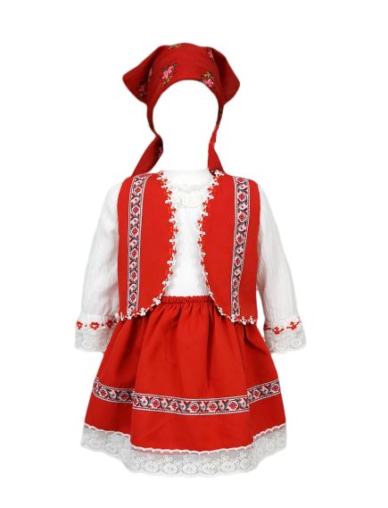 Costum botez traditional fete 4 piese, model Sanziana, culoare rosie, en-gros Costum botez traditional fete 4 piese, model Sanziana, culoare rosie, en-gros