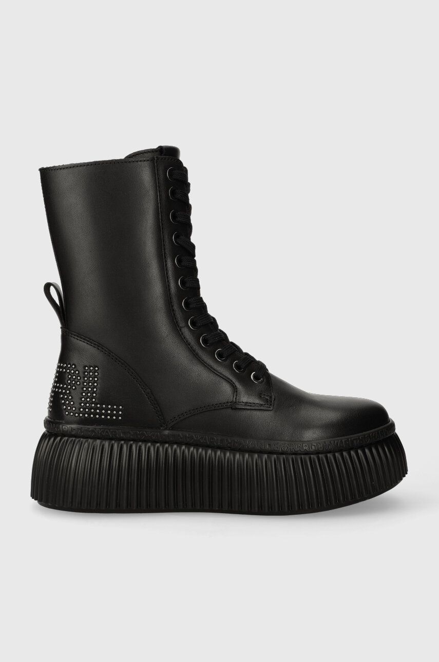 Karl Lagerfeld cizme de piele KREEPER LO KC femei, culoarea negru, cu platforma, KL42375 Karl Lagerfeld cizme de piele KREEPER LO KC femei, culoarea negru, cu platforma, KL42375
