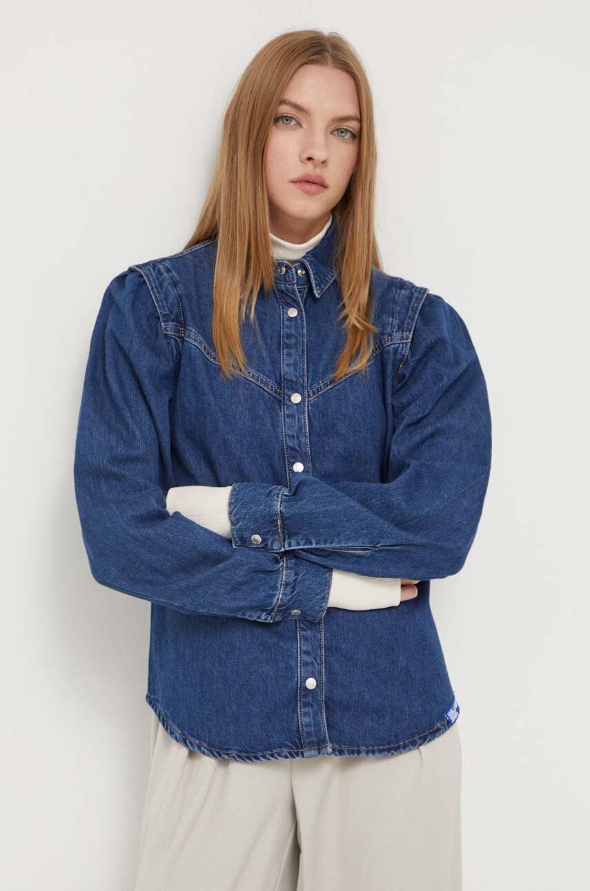 Karl Lagerfeld Jeans camasa jeans femei, culoarea albastru marin, cu guler clasic, regular Karl Lagerfeld Jeans camasa jeans femei, culoarea albastru marin, cu guler clasic, regular