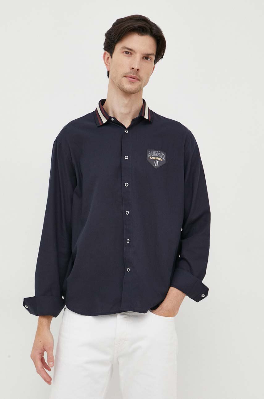 Armani Exchange camasa barbati, culoarea albastru marin, cu guler clasic, relaxed Armani Exchange camasa barbati, culoarea albastru marin, cu guler clasic, relaxed