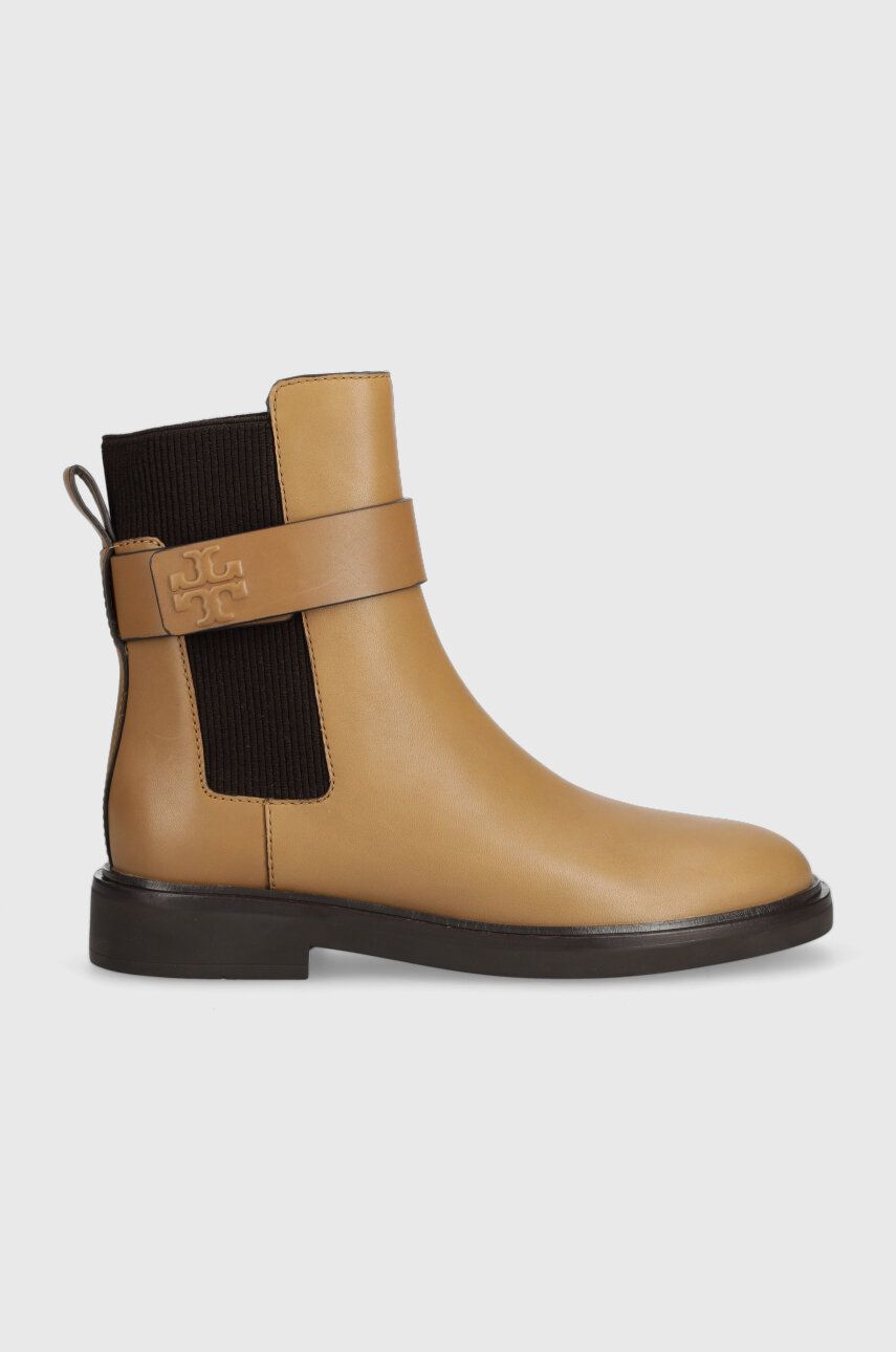 Tory Burch ghete chelsea de piele DOUBLE T CHELSEA BOOT femei, culoarea maro, cu toc plat, 152831-200 Tory Burch ghete chelsea de piele DOUBLE T CHELSEA BOOT femei, culoarea maro, cu toc plat, 152831-200