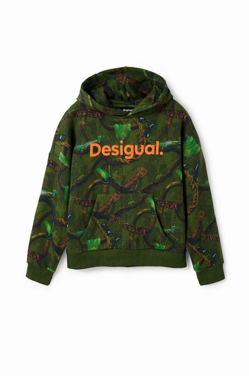 Desigual hanorac de bumbac pentru copii culoarea verde, cu glugă, cu imprimeu Desigual hanorac de bumbac pentru copii culoarea verde, cu glugă, cu imprimeu