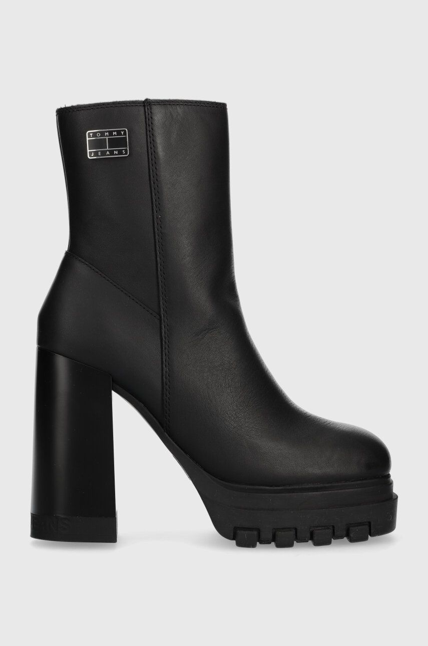 Tommy Jeans cizme de piele TJW HIGH HEEL ANKLE BOOT femei, culoarea negru, cu toc drept, EN0EN02256 Tommy Jeans cizme de piele TJW HIGH HEEL ANKLE BOOT femei, culoarea negru, cu toc drept, EN0EN02256