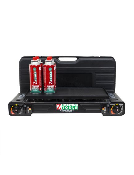 Pachet aragaz camping cu 2 ochiuri, aprindere electrica, putere 2x2.5kw, din inox cu tava gril si cutie de transportat + 4 butelii 410ml / ZTS 5619_1 Engros Pachet aragaz camping cu 2 ochiuri, aprindere electrica, putere 2x2.5kw, din inox cu tava gril si cutie de transportat + 4 butelii 410ml / ZTS 5619_1 Engros