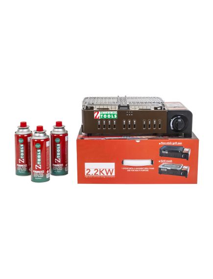Pachet aragaz camping cu arzator mare, 2.2Kw, cu gril si tava + 3 butelii 410ml / ZTS 5615_1 Engros Pachet aragaz camping cu arzator mare, 2.2Kw, cu gril si tava + 3 butelii 410ml / ZTS 5615_1 Engros
