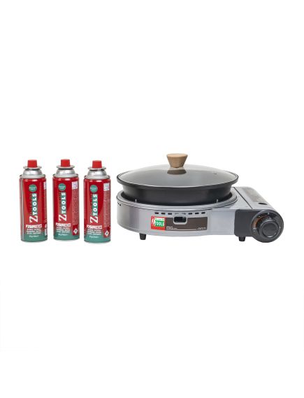 Pachet aragaz camping, cu oala si capac de sticla, putere 2.3kw, aprindere electrica, gri + 3 butelii 410ml / ZTS 5613_1 Engros Pachet aragaz camping, cu oala si capac de sticla, putere 2.3kw, aprindere electrica, gri + 3 butelii 410ml / ZTS 5613_1 Engros
