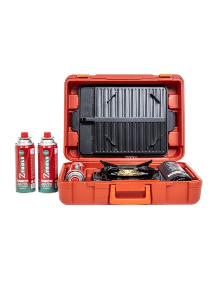 Pachet aragaz camping, din inox, putere 2.3Kw aprindere electrica, cu tava, cleste, cutit si cutie rosie de transportat + 3 butelii 410ml / ZTS 5617_1 Engros Pachet aragaz camping, din inox, putere 2.3Kw aprindere electrica, cu tava, cleste, cutit si cutie rosie de transportat + 3 butelii 410ml / ZTS 5617_1 Engros