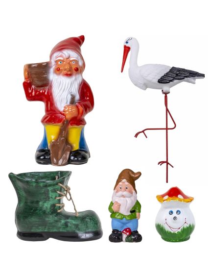 Pachet decor pentru gradina, 2 x pitic, ciuperca, barza si bocanc / EXT 10226 Engros Pachet decor pentru gradina, 2 x pitic, ciuperca, barza si bocanc / EXT 10226 Engros
