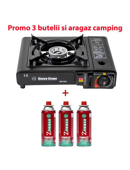Pachet promo - Aragaz camping, aprindere automata, negru, AD-1 + 3 butelii 410ml / SET 30059 Engros Pachet promo - Aragaz camping, aprindere automata, negru, AD-1 + 3 butelii 410ml / SET 30059 Engros