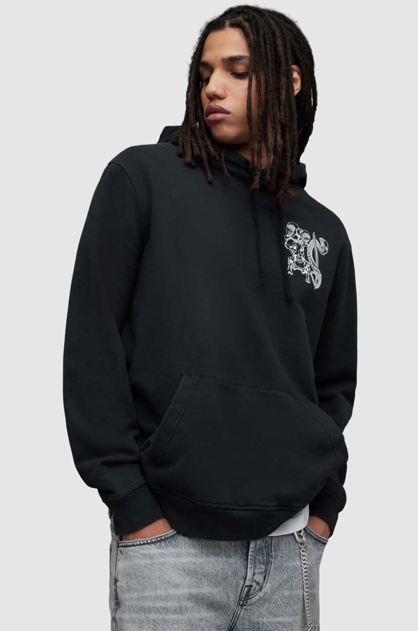 AllSaints hanorac de bumbac SABRERATTLER barbati, culoarea negru, cu glugă, cu imprimeu AllSaints hanorac de bumbac SABRERATTLER barbati, culoarea negru, cu glugă, cu imprimeu