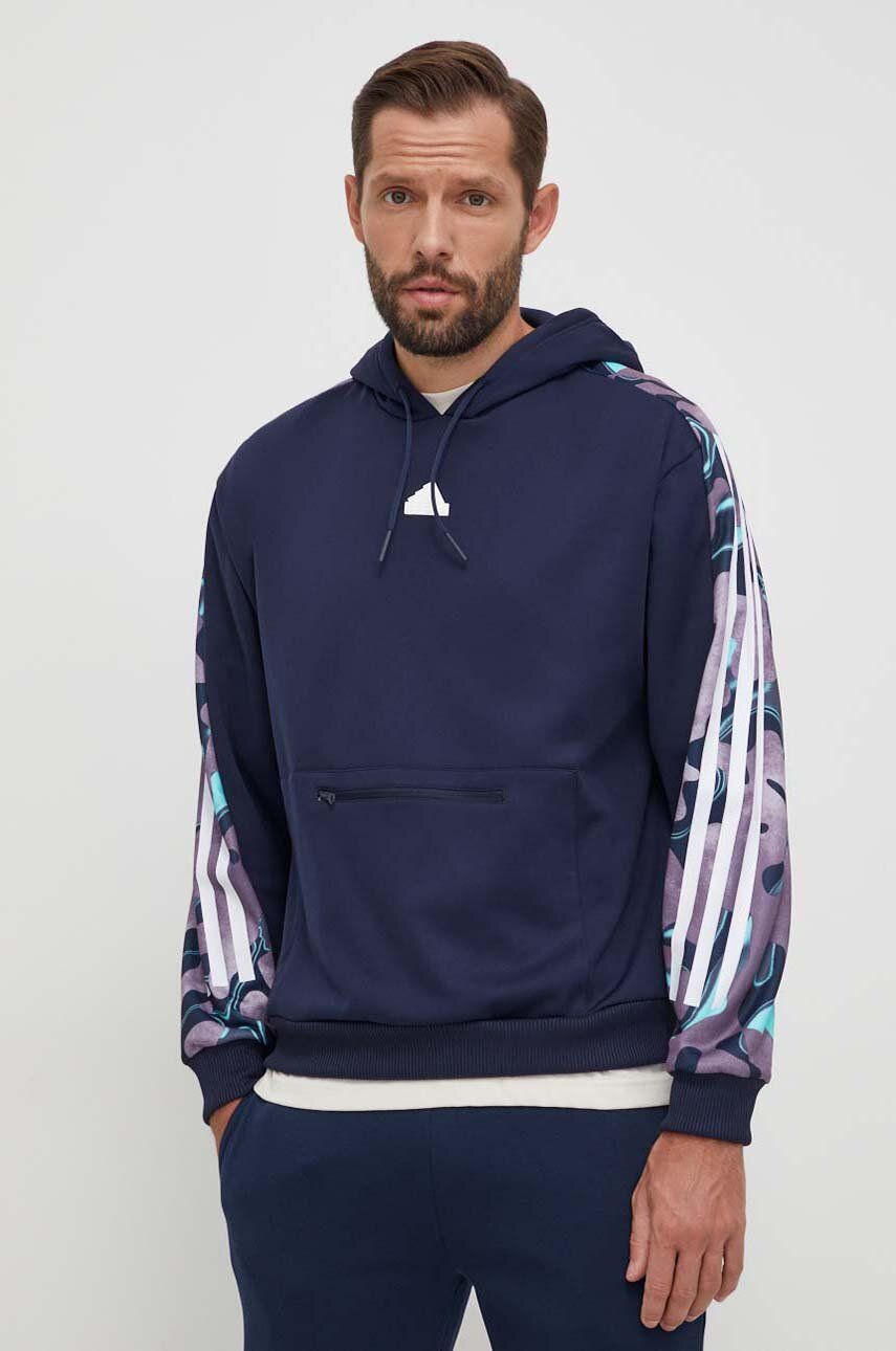 adidas bluza barbati, culoarea albastru marin, cu glugă, cu imprimeu adidas bluza barbati, culoarea albastru marin, cu glugă, cu imprimeu