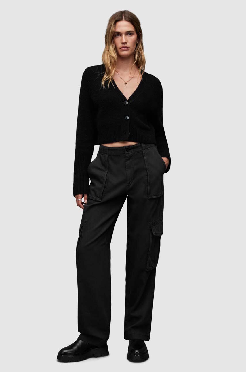 AllSaints pantaloni de bumbac FRIEDA STRAIGHT femei, culoarea negru, fason cargo, medium waist AllSaints pantaloni de bumbac FRIEDA STRAIGHT femei, culoarea negru, fason cargo, medium waist