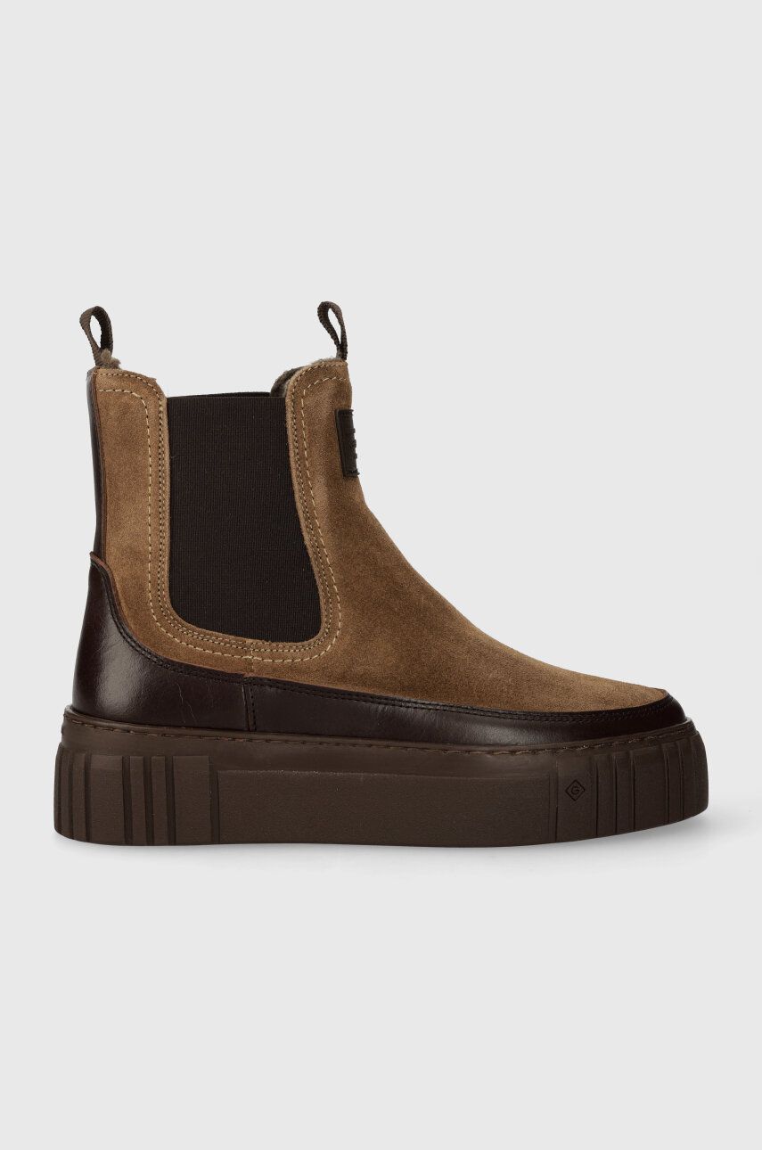 Gant botine din piele intoarsa Snowmont femei, culoarea maro, cu toc plat, izolat, 27553371.G240 Gant botine din piele intoarsa Snowmont femei, culoarea maro, cu toc plat, izolat, 27553371.G240