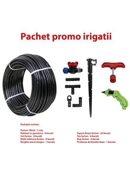 Set irigare + furtun picurare, 16mm, distanta intre picuratori 50 cm 4l/h rola 100m / SET 30055 Engros Set irigare + furtun picurare, 16mm, distanta intre picuratori 50 cm 4l/h rola 100m / SET 30055 Engros