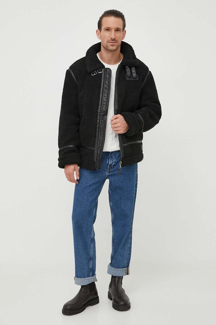 Alpha Industries geaca B3 Teddy barbati, culoarea negru, de tranzitie, oversize Alpha Industries geaca B3 Teddy barbati, culoarea negru, de tranzitie, oversize