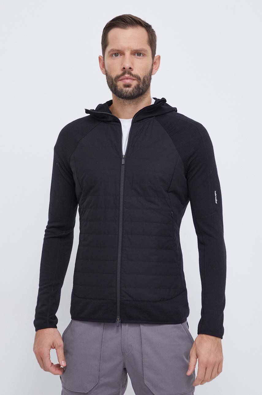 Icebreaker hanorac Merino Quantum culoarea negru, cu glugă, neted Icebreaker hanorac Merino Quantum culoarea negru, cu glugă, neted