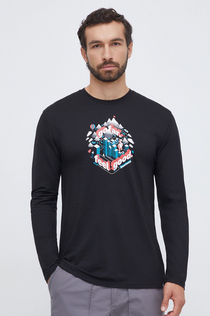 Smartwool longsleeve sport Denver Go Far Feel Good Graphic culoarea negru, cu imprimeu Smartwool longsleeve sport Denver Go Far Feel Good Graphic culoarea negru, cu imprimeu