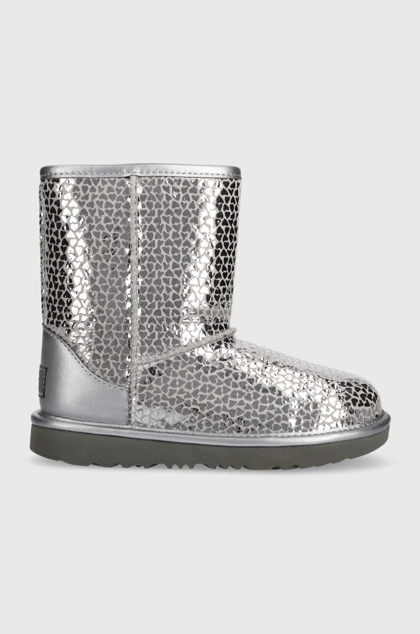 UGG ghete de zapada din piele pentru copii KIDS CLASSIC II GEL HEARTS culoarea argintiu UGG ghete de zapada din piele pentru copii KIDS CLASSIC II GEL HEARTS culoarea argintiu