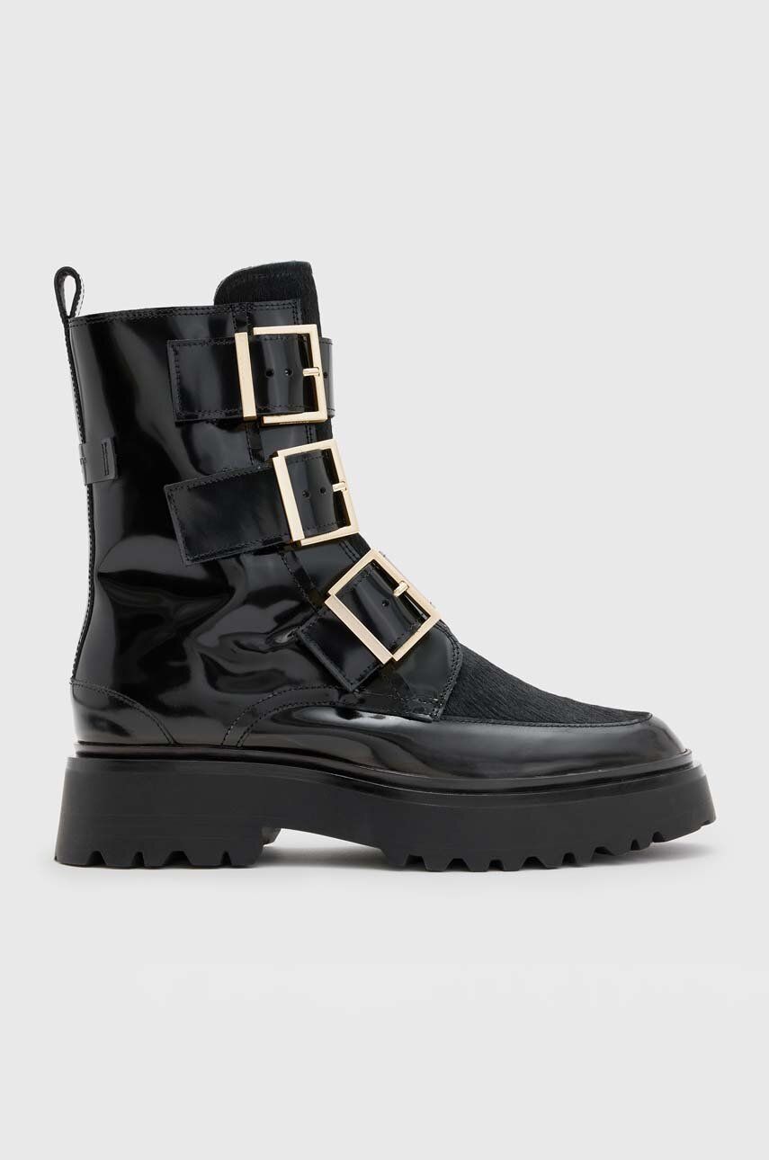 AllSaints cizme de piele Lynx Pony Boot femei, culoarea negru, cu toc plat, WF546Z AllSaints cizme de piele Lynx Pony Boot femei, culoarea negru, cu toc plat, WF546Z
