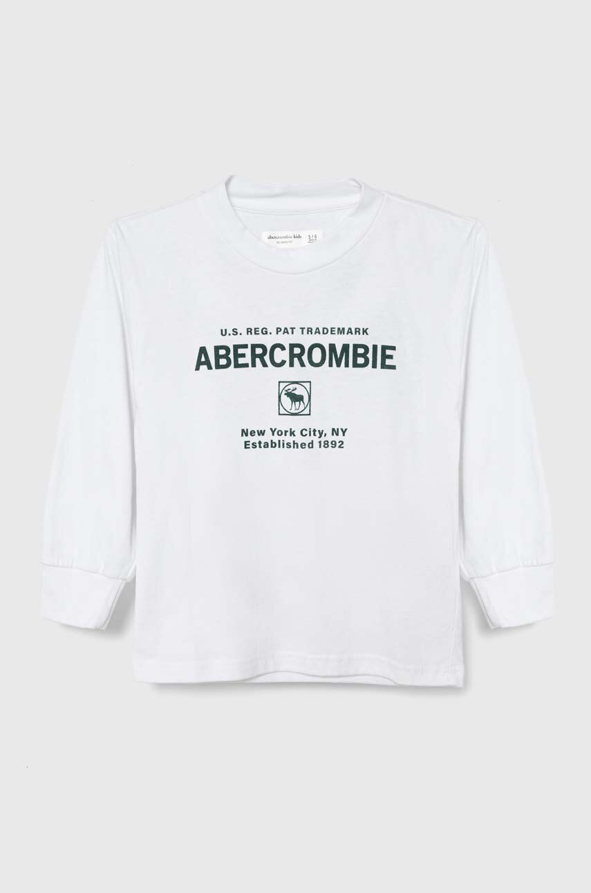 Abercrombie & Fitch longsleeve copii culoarea alb, cu imprimeu Abercrombie & Fitch longsleeve copii culoarea alb, cu imprimeu