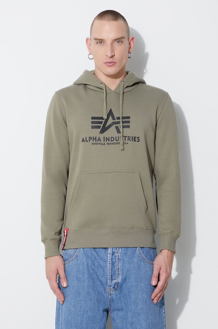 Alpha Industries bluză Basic Hoody bărbați, culoarea verde, cu glugă, cu imprimeu 178312.11 Alpha Industries bluză Basic Hoody bărbați, culoarea verde, cu glugă, cu imprimeu 178312.11