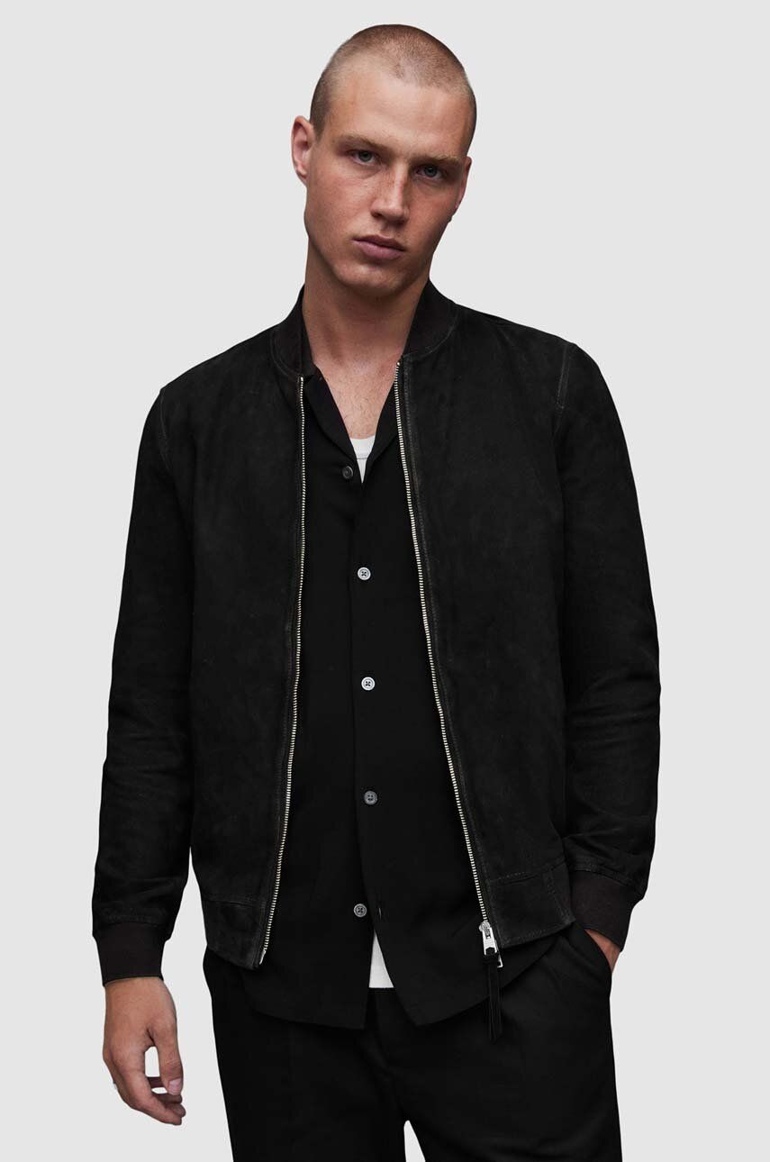 AllSaints jacheta bomber din piele intoarsa Ronan barbati, culoarea negru, de tranzitie AllSaints jacheta bomber din piele intoarsa Ronan barbati, culoarea negru, de tranzitie