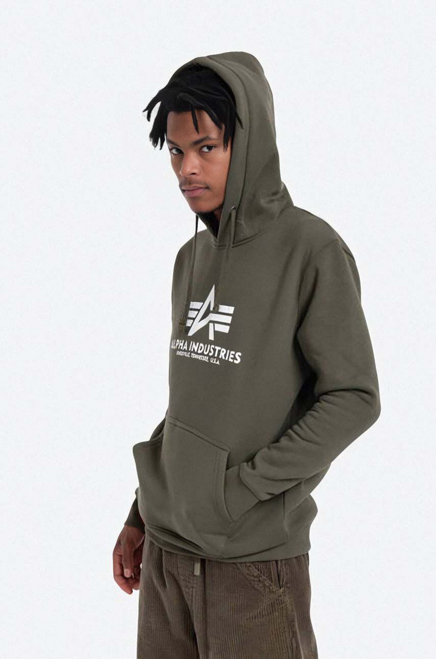 Alpha Industries bluză Basic Hoodie bărbați, culoarea verde, cu glugă, cu imprimeu 178312.257-green Alpha Industries bluză Basic Hoodie bărbați, culoarea verde, cu glugă, cu imprimeu 178312.257-green