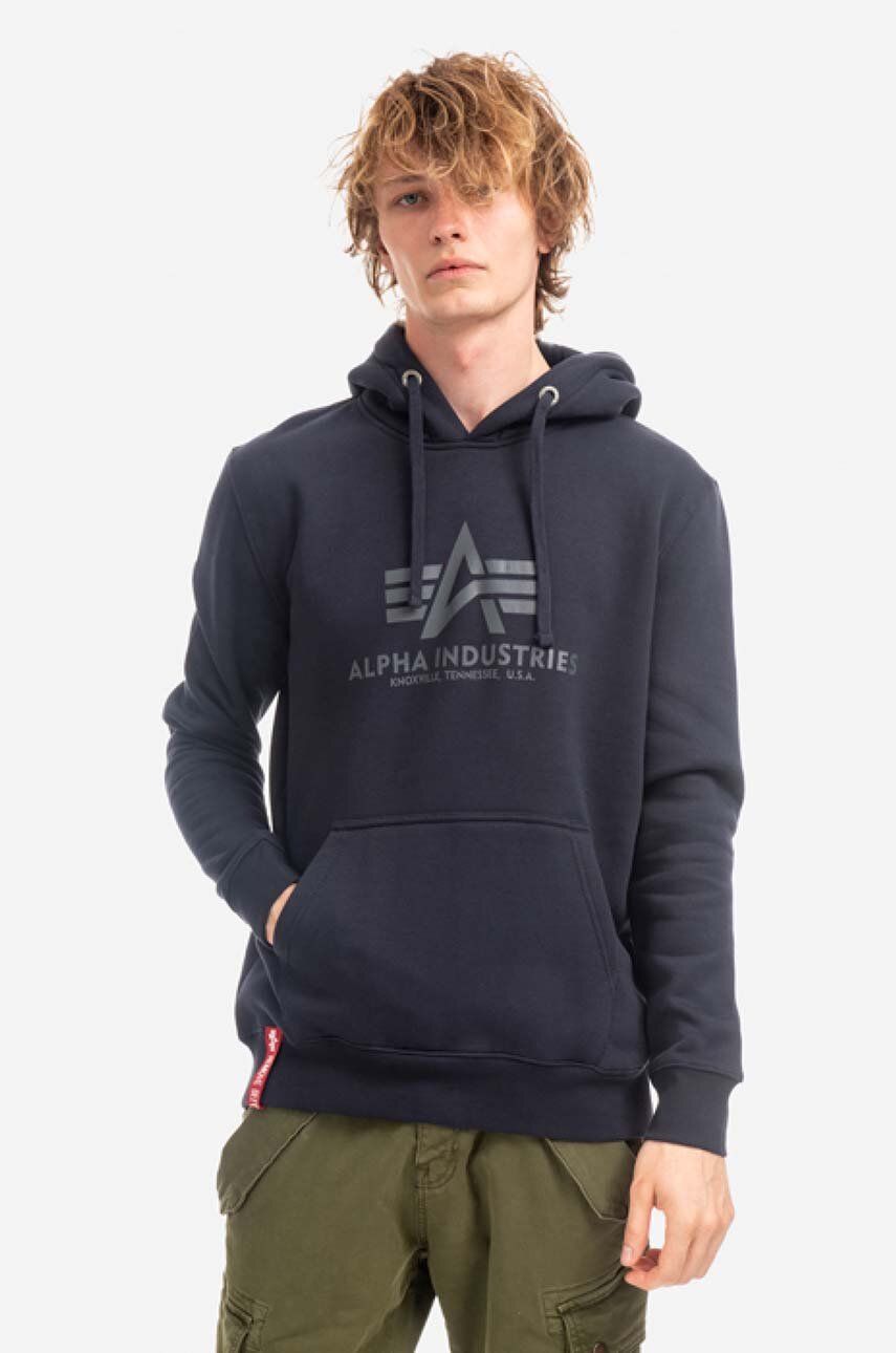 Alpha Industries bluză Basic Hoody bărbați, culoarea bleumarin, cu glugă, cu imprimeu 178312.07-navy Alpha Industries bluză Basic Hoody bărbați, culoarea bleumarin, cu glugă, cu imprimeu 178312.07-navy