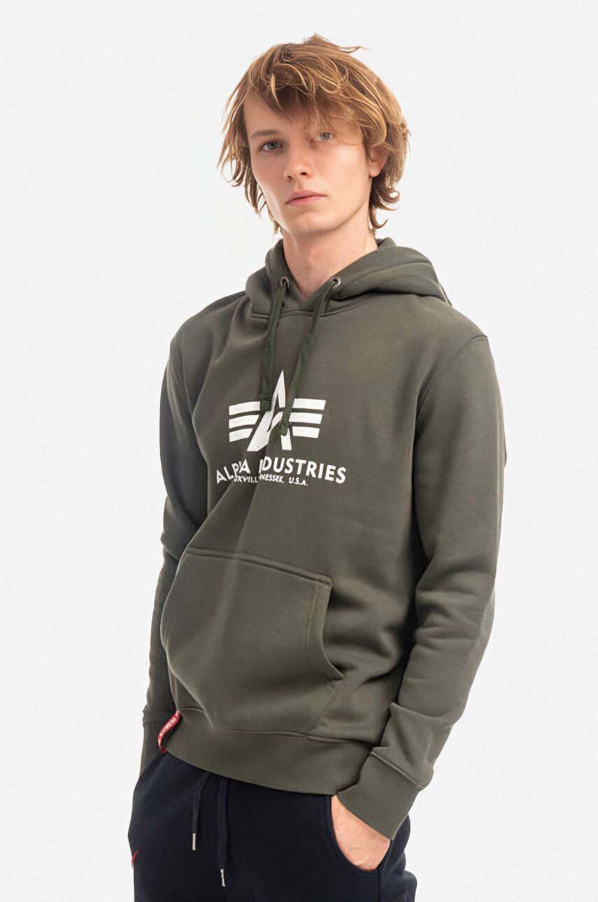 Alpha Industries bluză Basic Hoody bărbați, culoarea verde, cu glugă, cu imprimeu 178312.142-green Alpha Industries bluză Basic Hoody bărbați, culoarea verde, cu glugă, cu imprimeu 178312.142-green