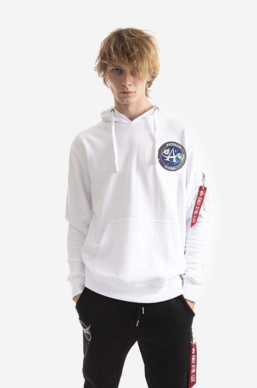 Alpha Industries bluză bărbați, culoarea alb, cu glugă, cu imprimeu 106338.09-white Alpha Industries bluză bărbați, culoarea alb, cu glugă, cu imprimeu 106338.09-white