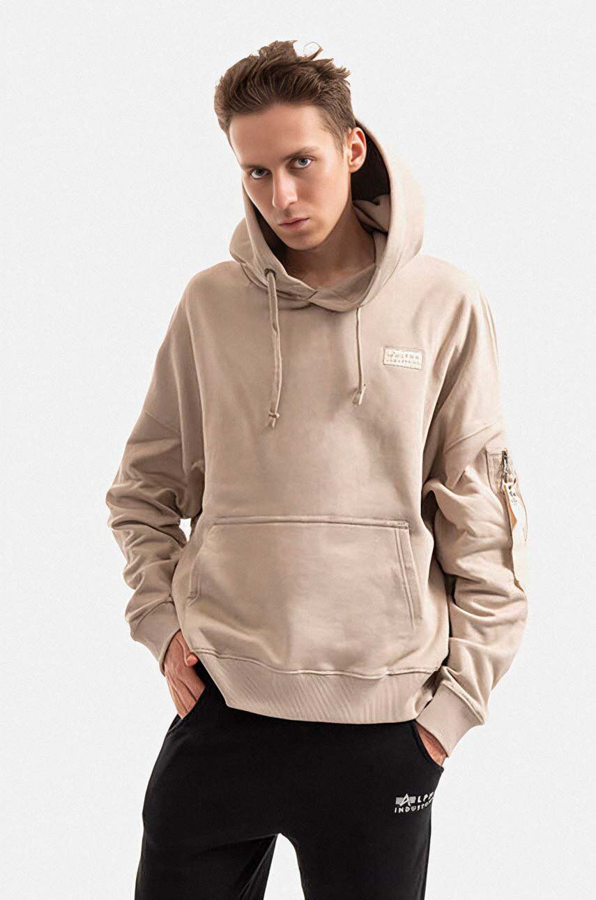 Alpha Industries hanorac de bumbac bărbați, culoarea bej, cu glugă, uni 118349.627-cream Alpha Industries hanorac de bumbac bărbați, culoarea bej, cu glugă, uni 118349.627-cream