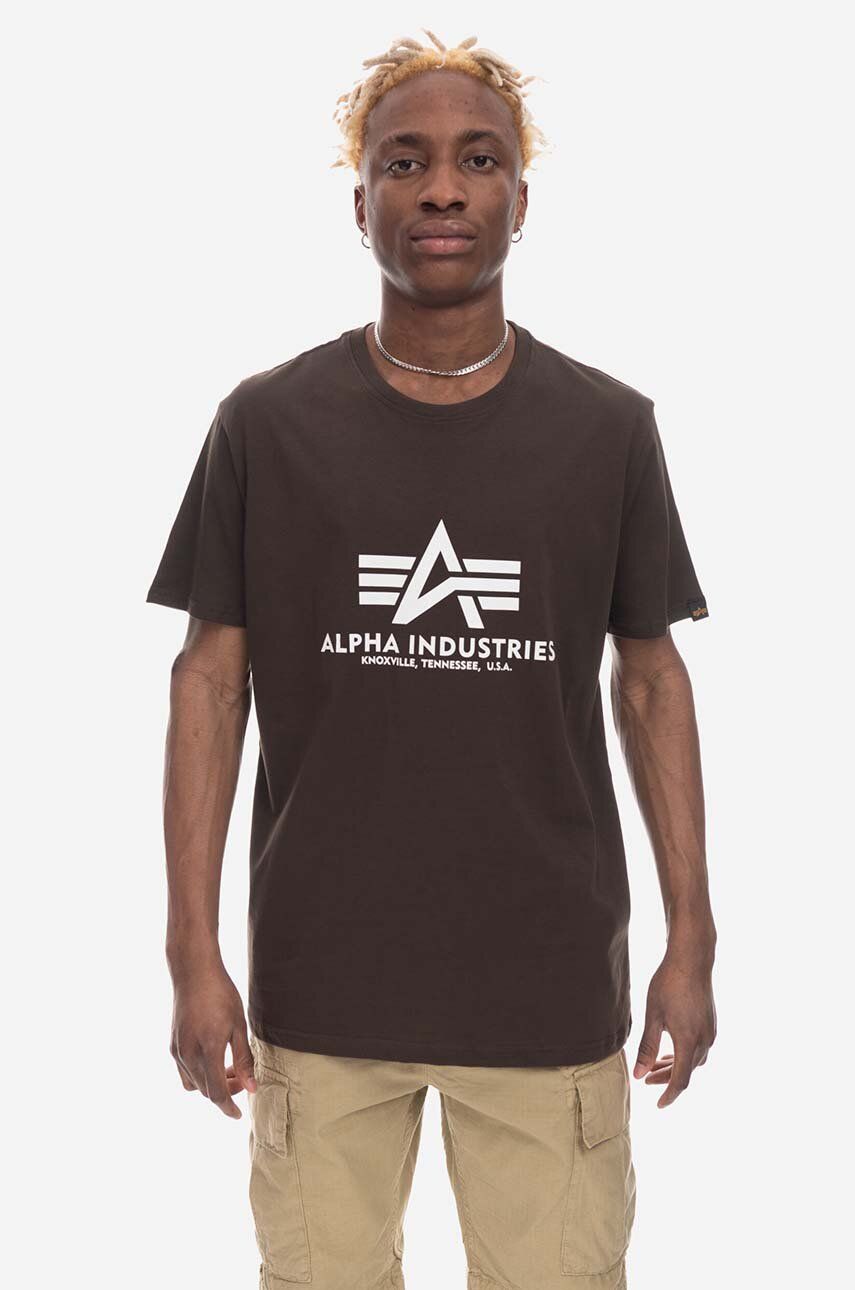 Alpha Industries tricou din bumbac Basic culoarea maro, cu imprimeu 100501.413-brown Alpha Industries tricou din bumbac Basic culoarea maro, cu imprimeu 100501.413-brown