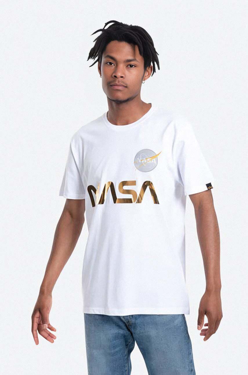 Alpha Industries tricou din bumbac bărbați, culoarea alb, cu imprimeu 178501.438-white Alpha Industries tricou din bumbac bărbați, culoarea alb, cu imprimeu 178501.438-white