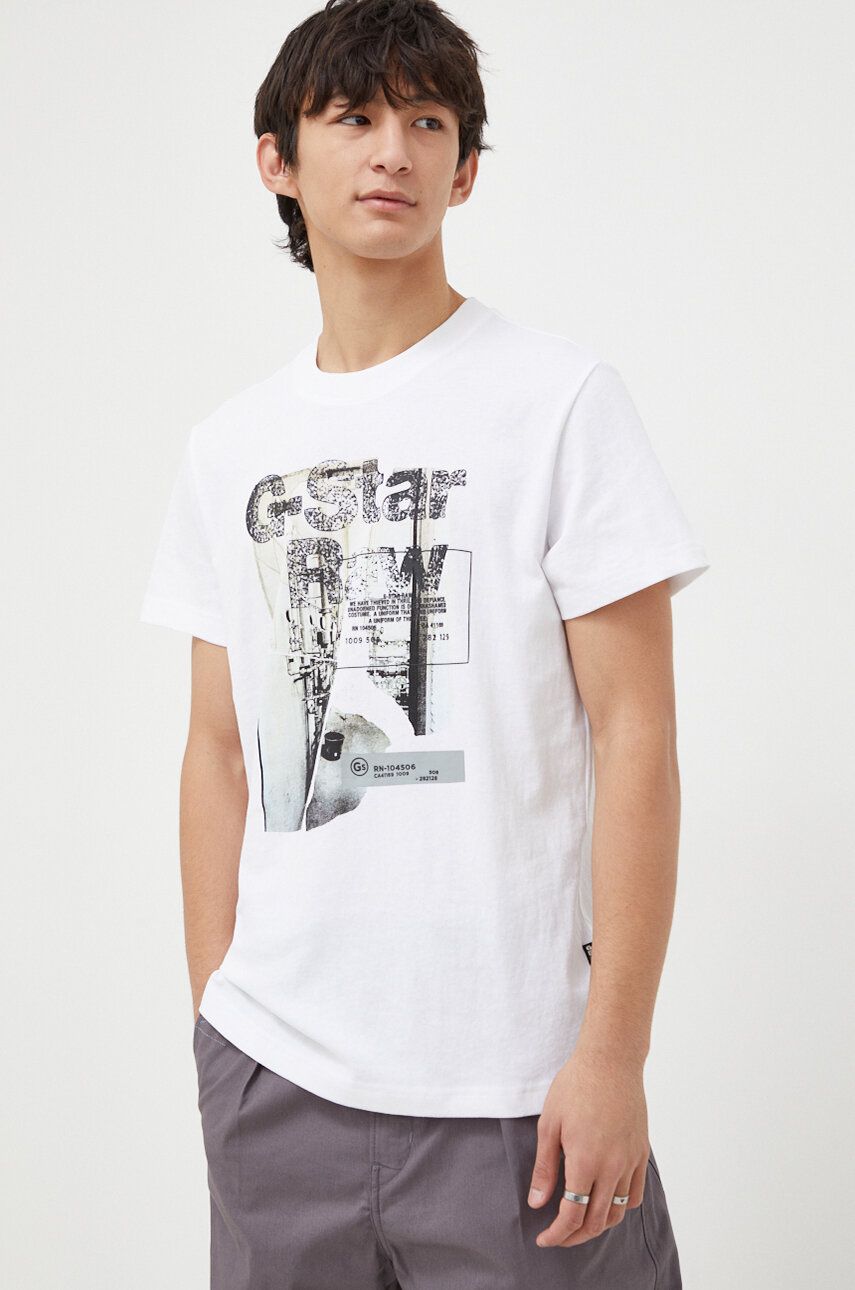 G-Star Raw tricou din bumbac barbati, culoarea alb, cu imprimeu G-Star Raw tricou din bumbac barbati, culoarea alb, cu imprimeu
