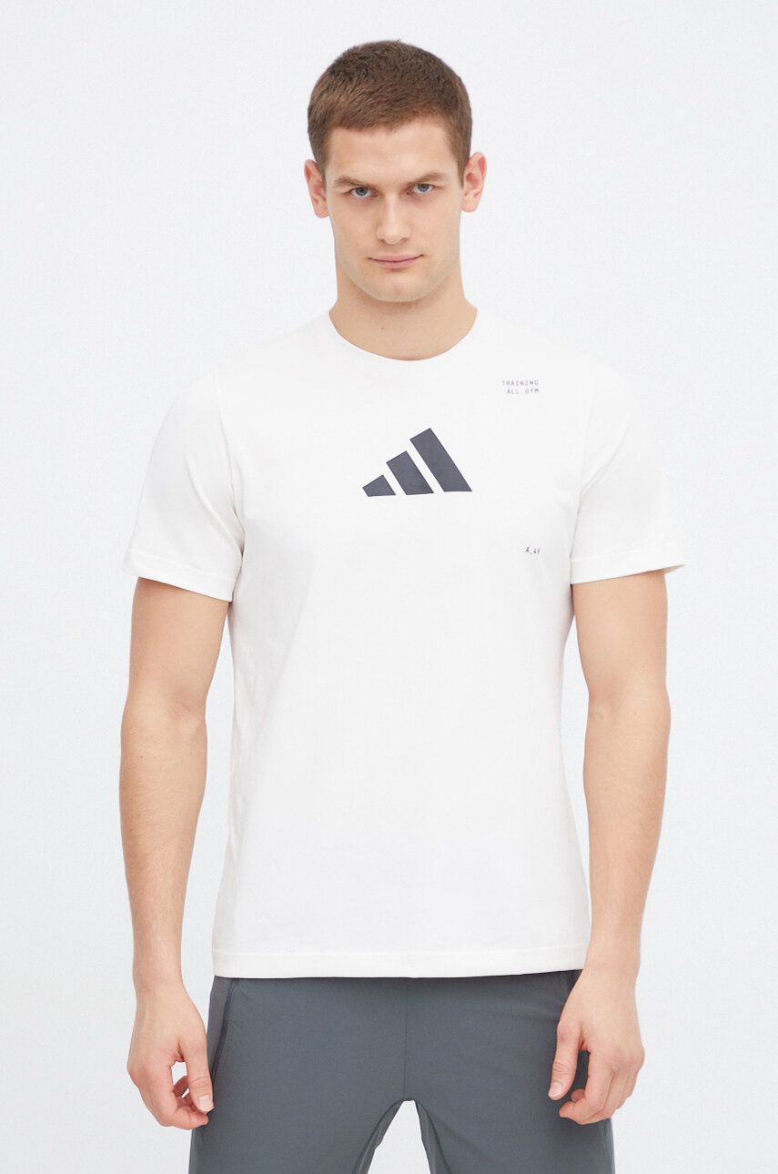 adidas Performance tricou de antrenament culoarea bej, cu imprimeu IS2363 adidas Performance tricou de antrenament culoarea bej, cu imprimeu IS2363