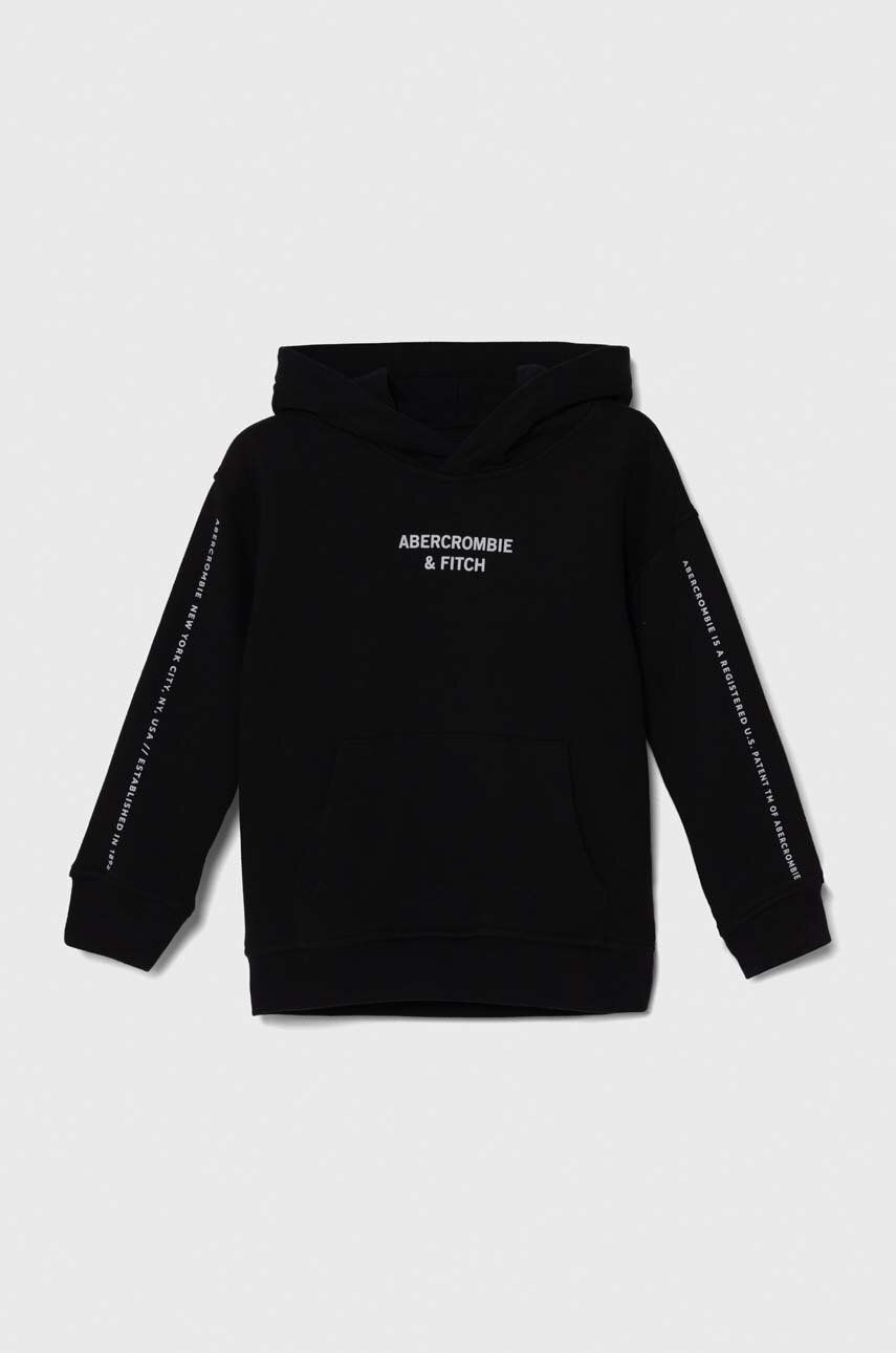 Abercrombie & Fitch bluza copii culoarea negru, cu glugă, cu imprimeu Abercrombie & Fitch bluza copii culoarea negru, cu glugă, cu imprimeu