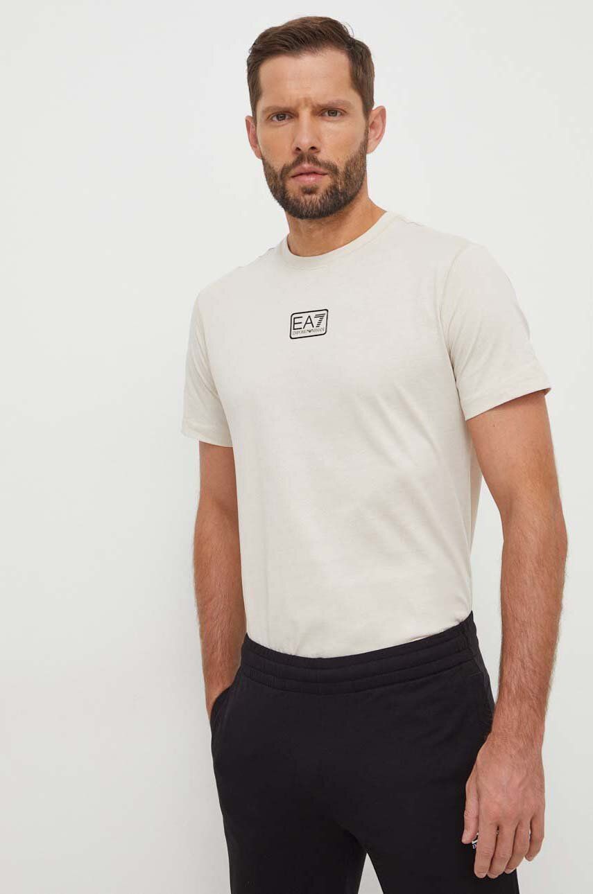 EA7 Emporio Armani tricou din bumbac barbati, culoarea bej, cu imprimeu EA7 Emporio Armani tricou din bumbac barbati, culoarea bej, cu imprimeu