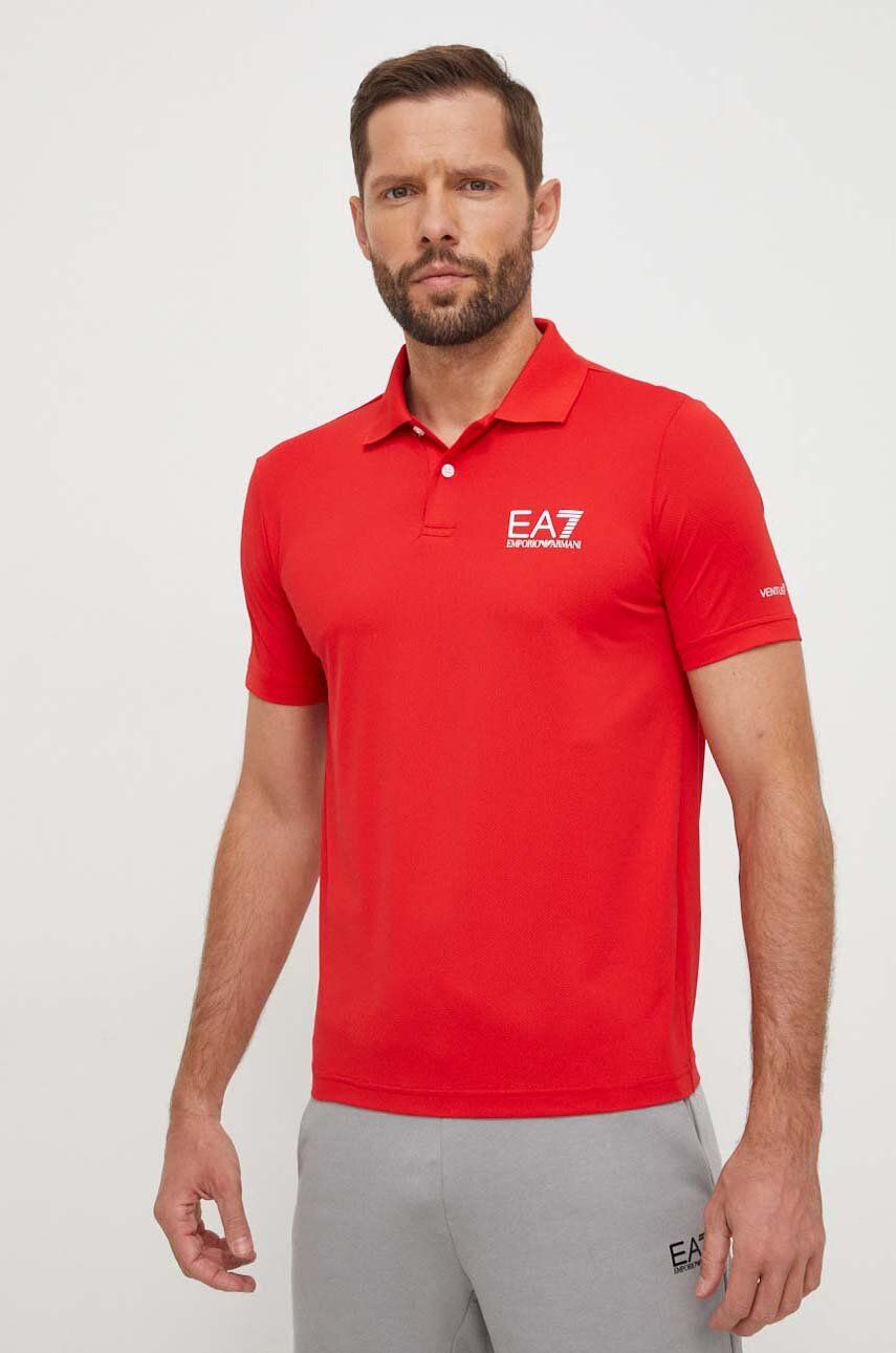 EA7 Emporio Armani tricou polo barbati, culoarea rosu, cu imprimeu EA7 Emporio Armani tricou polo barbati, culoarea rosu, cu imprimeu
