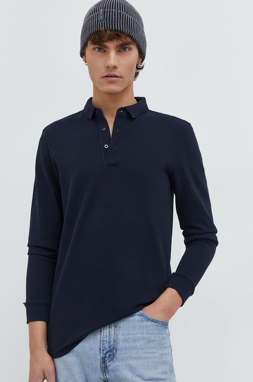 Superdry longsleeve din bumbac culoarea albastru marin, neted Superdry longsleeve din bumbac culoarea albastru marin, neted