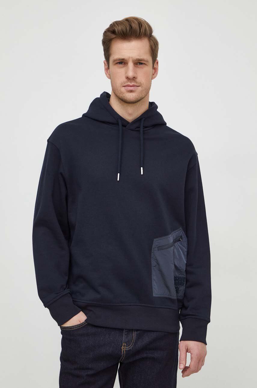 Armani Exchange hanorac de bumbac barbati, culoarea albastru marin, cu glugă, neted Armani Exchange hanorac de bumbac barbati, culoarea albastru marin, cu glugă, neted