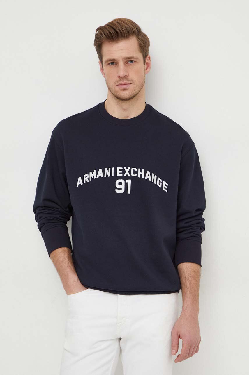 Armani Exchange hanorac de bumbac barbati, culoarea albastru marin, cu imprimeu Armani Exchange hanorac de bumbac barbati, culoarea albastru marin, cu imprimeu