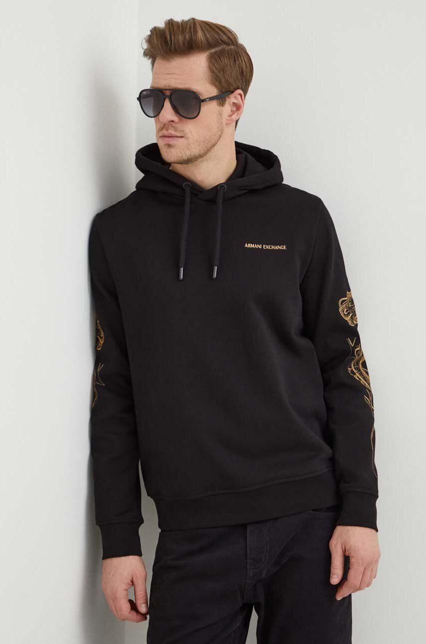 Armani Exchange hanorac de bumbac barbati, culoarea negru, cu glugă, cu imprimeu Armani Exchange hanorac de bumbac barbati, culoarea negru, cu glugă, cu imprimeu