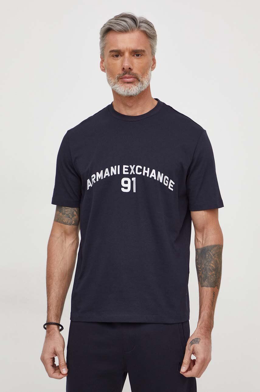 Armani Exchange tricou din bumbac barbati, culoarea albastru marin, cu imprimeu Armani Exchange tricou din bumbac barbati, culoarea albastru marin, cu imprimeu