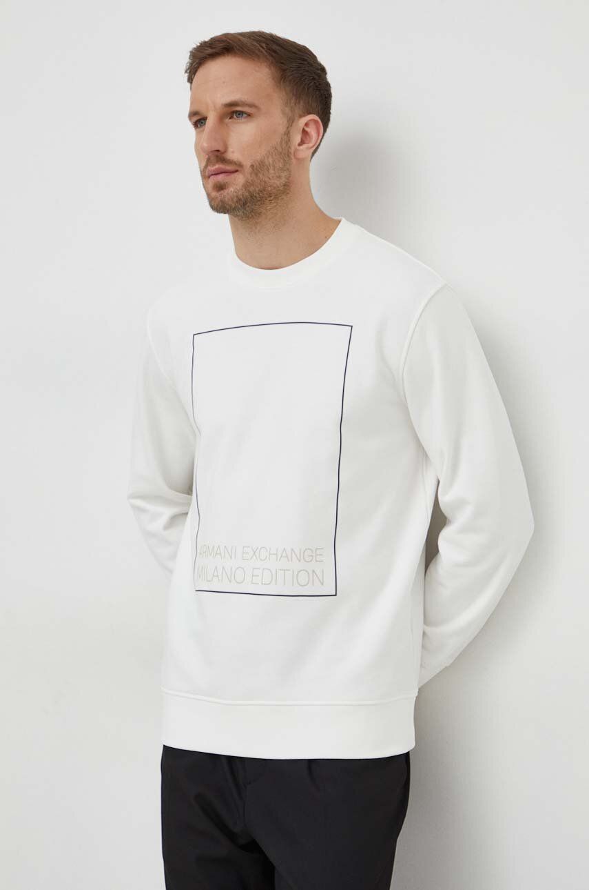 Armani Exchange hanorac de bumbac barbati, culoarea alb, cu imprimeu Armani Exchange hanorac de bumbac barbati, culoarea alb, cu imprimeu
