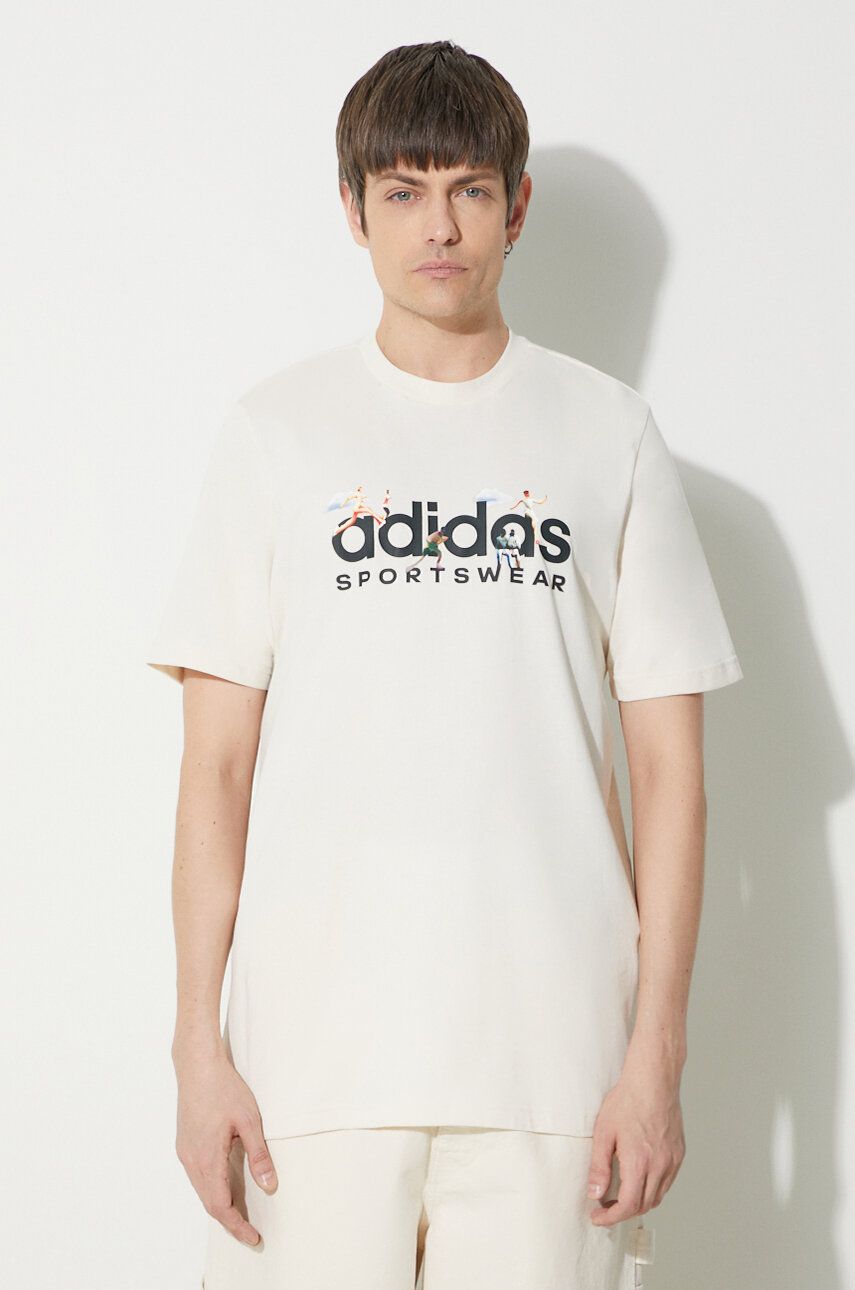adidas tricou din bumbac bărbați, culoarea bej, cu imprimeu IM8305 adidas tricou din bumbac bărbați, culoarea bej, cu imprimeu IM8305